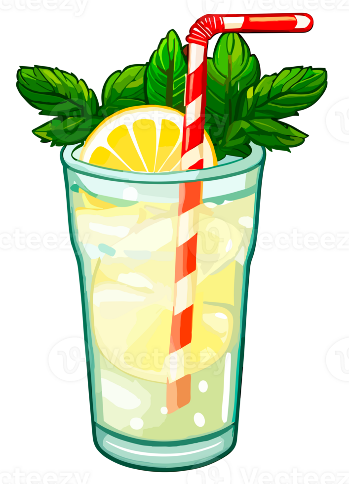 Lemonade glass with straw and mint leaves isolated. Clip art illustration style. png