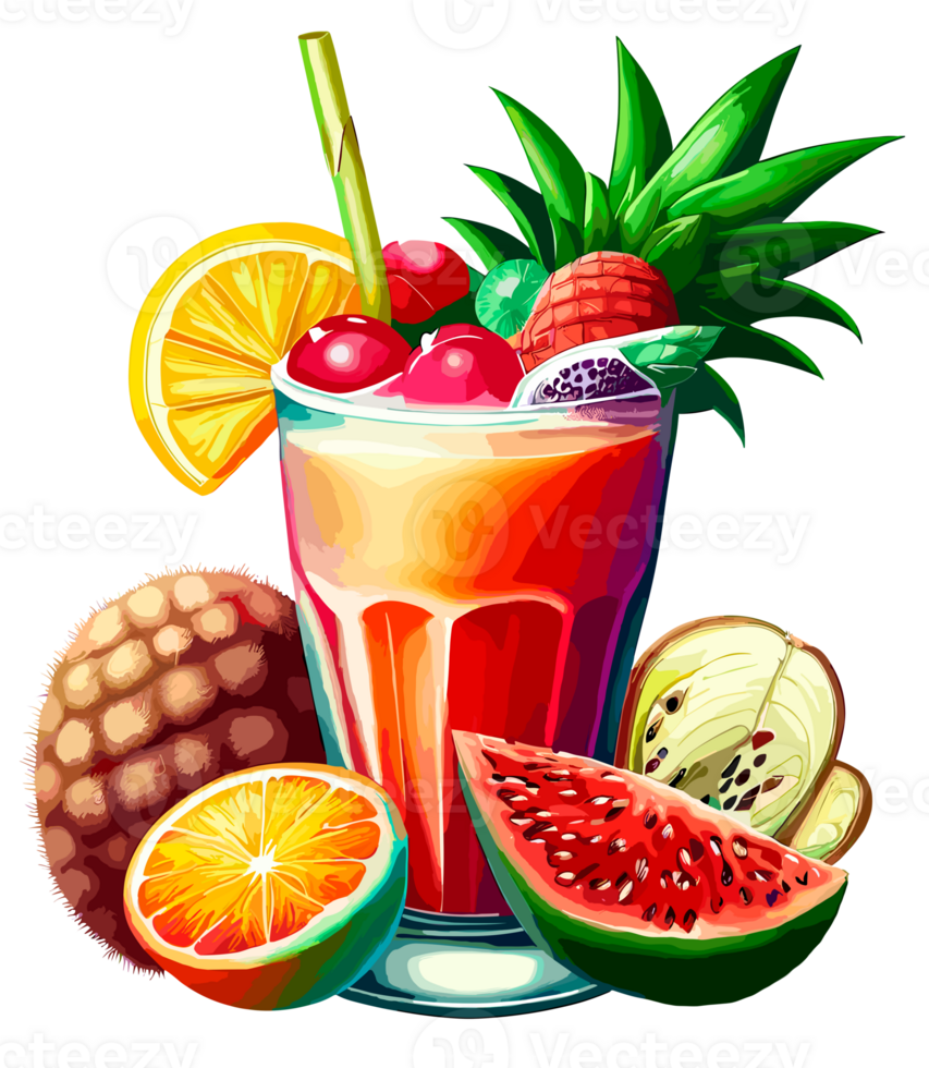 Tropical Cocktail drink with straw and fruits isolated. Clip art illustration style. png