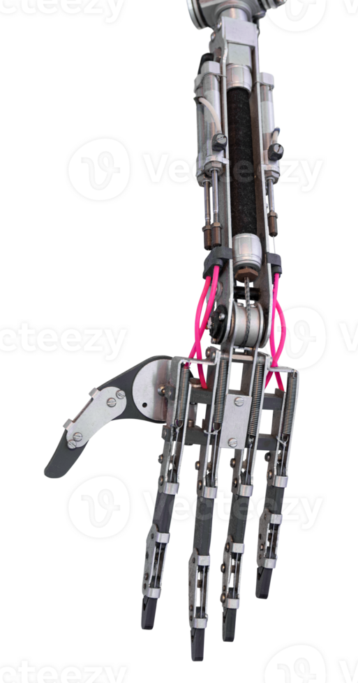 Robot arm and hand with five fingers isolated. Robotic technology png