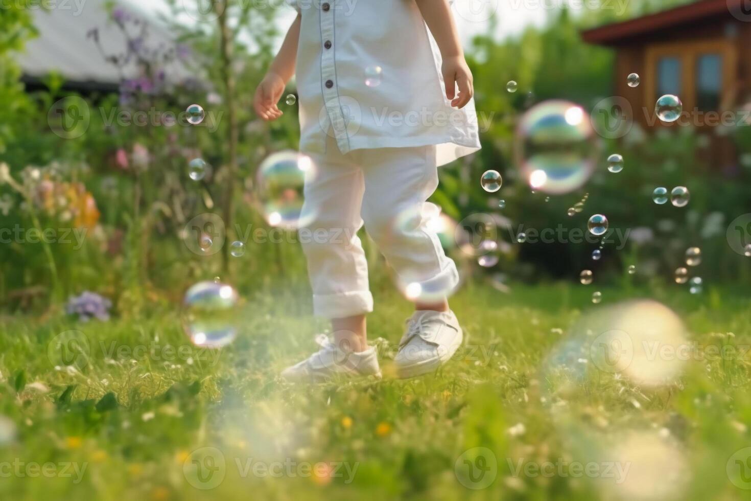 un cerca - arriba de grande burbujas, borroso antecedentes de un niño piernas vistiendo blanco ropa y corriendo alrededor en el césped. ai generativo foto