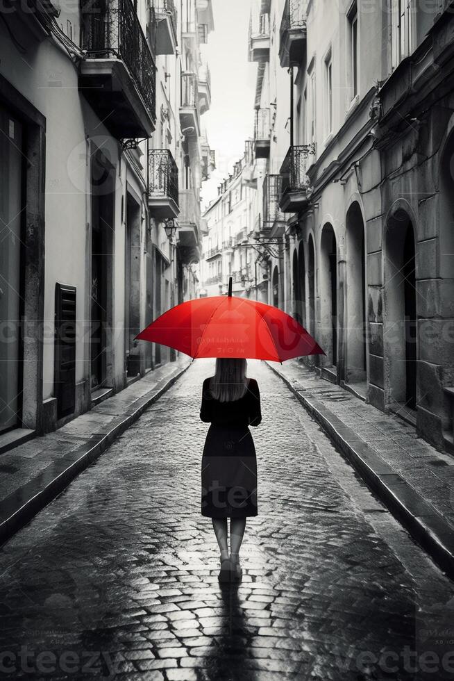 Red umbrella in hand of woman walking on a colorless street