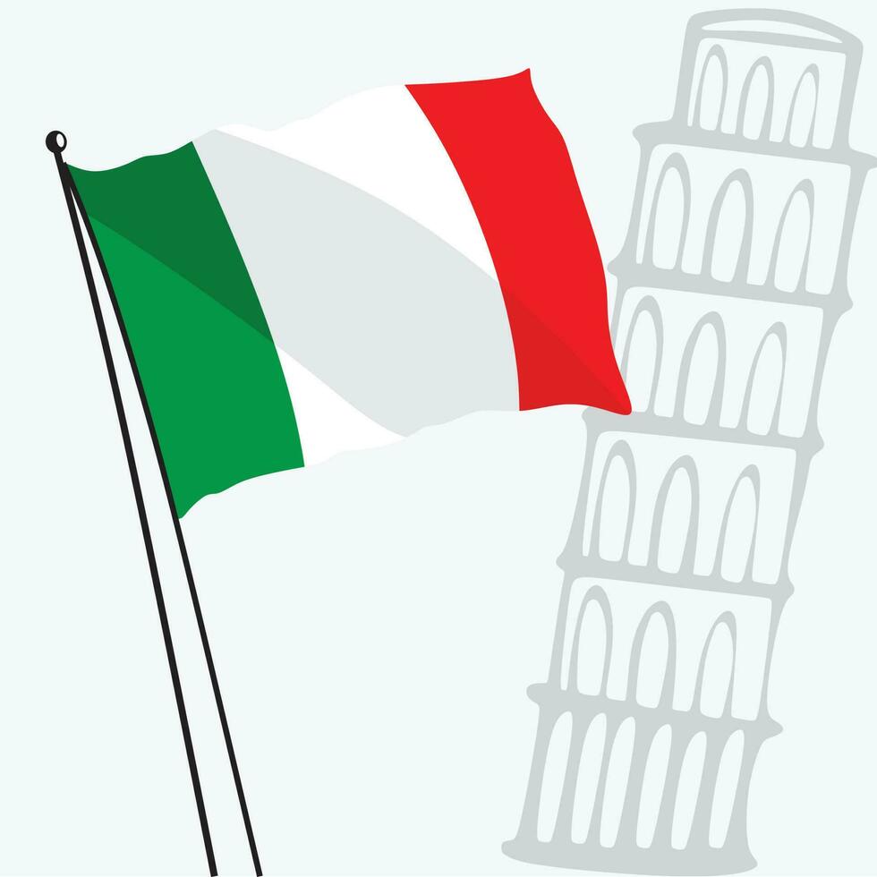 A black and white drawing of the leaning tower of pisa and italy flag with and Vector Art illustration template banner design