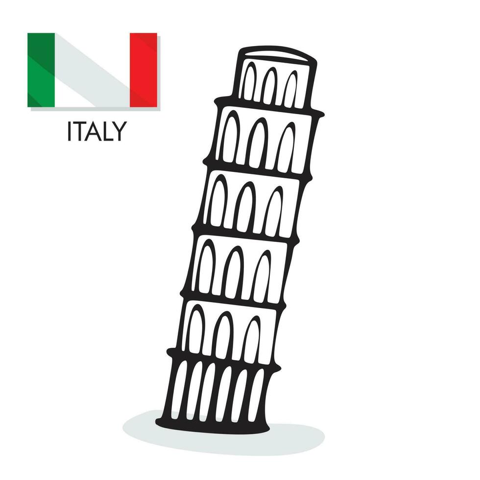 un negro y blanco dibujo de el propensión torre de Pisa y Italia bandera con y vector Arte ilustración modelo bandera diseño