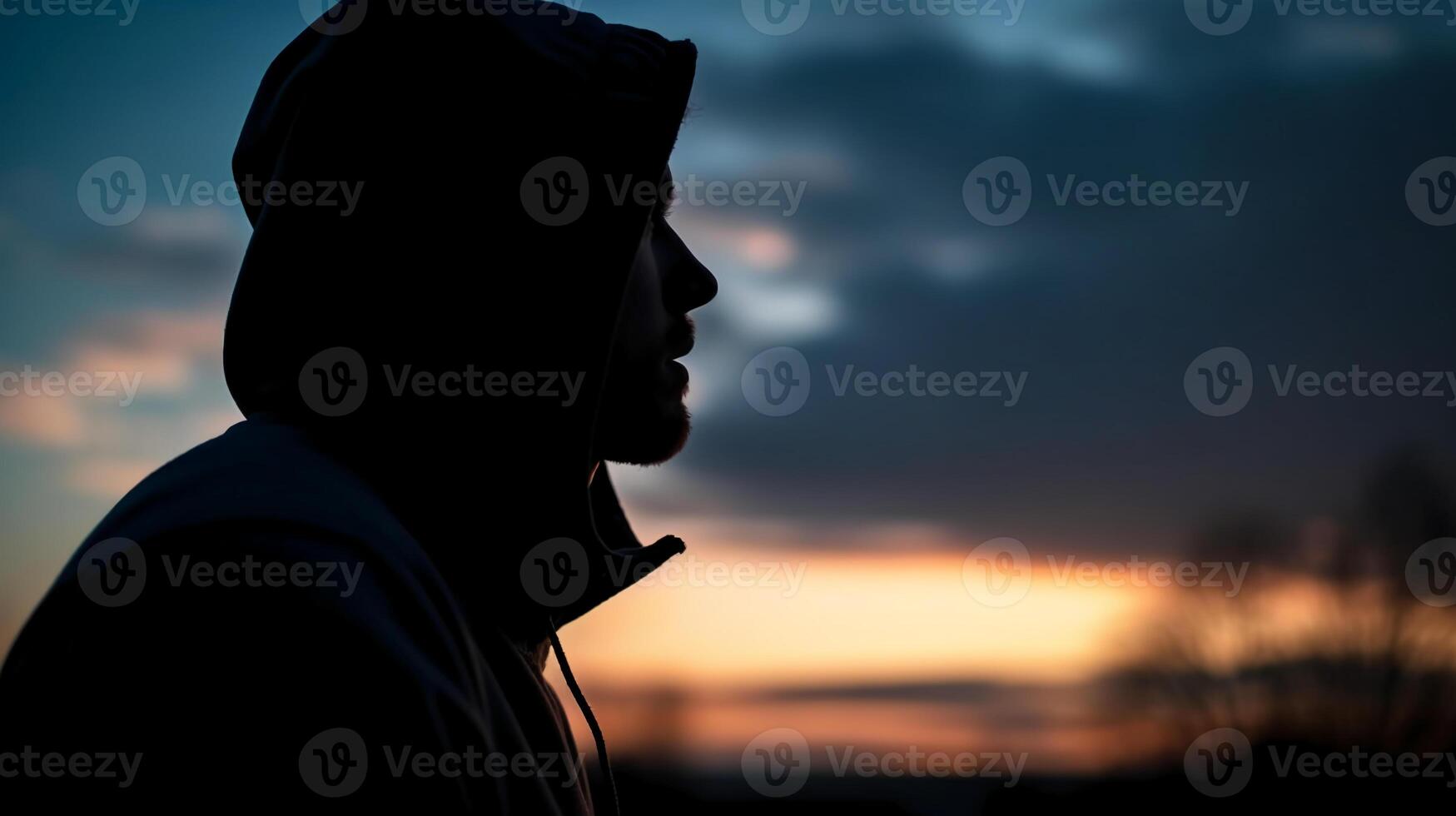 Side view, Silhouette of the face, a person, low angle, blurred fresh dawn sky. photo