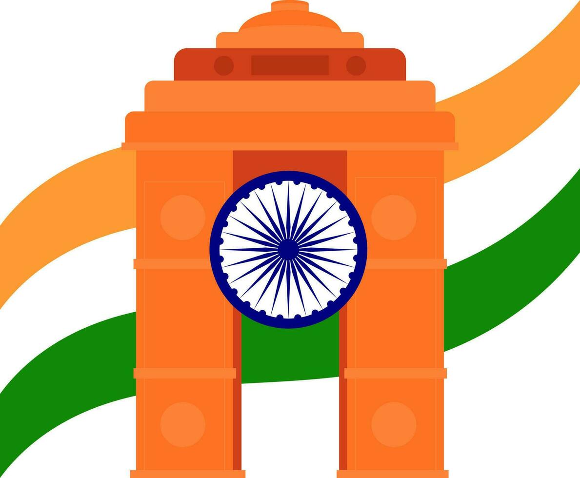 Illustration Of Ashoka Wheel, India Gate Monument Tricolor Flag In Flat Style. vector