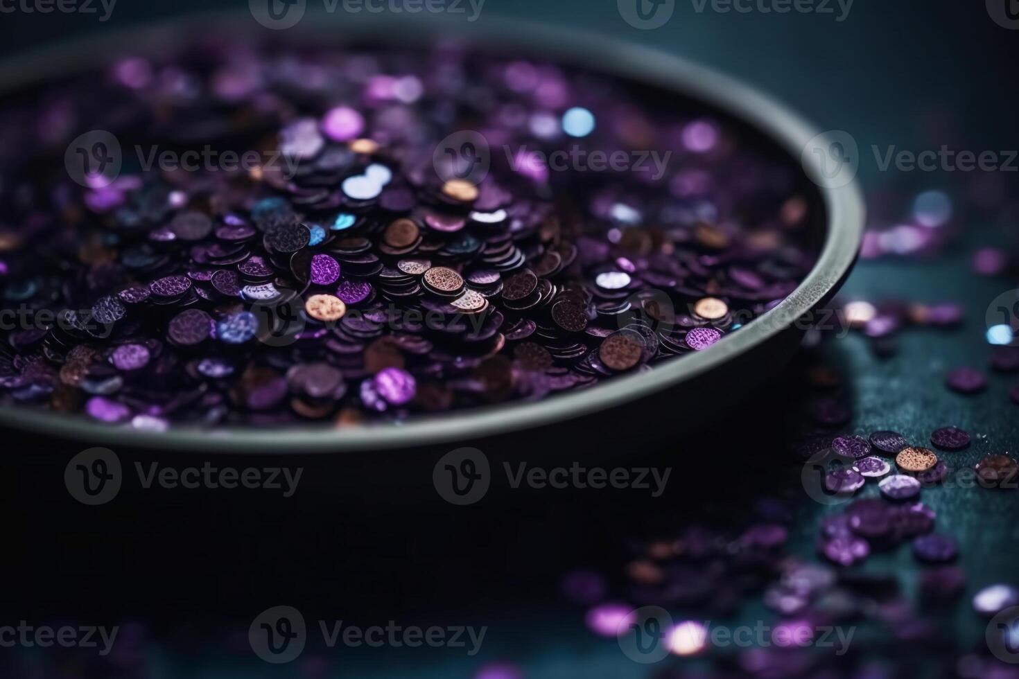 Sparkling Glitter abstract background dark purple saturated color, de - focused, macro. Sequins fall and sparkle, round bokeh. photo