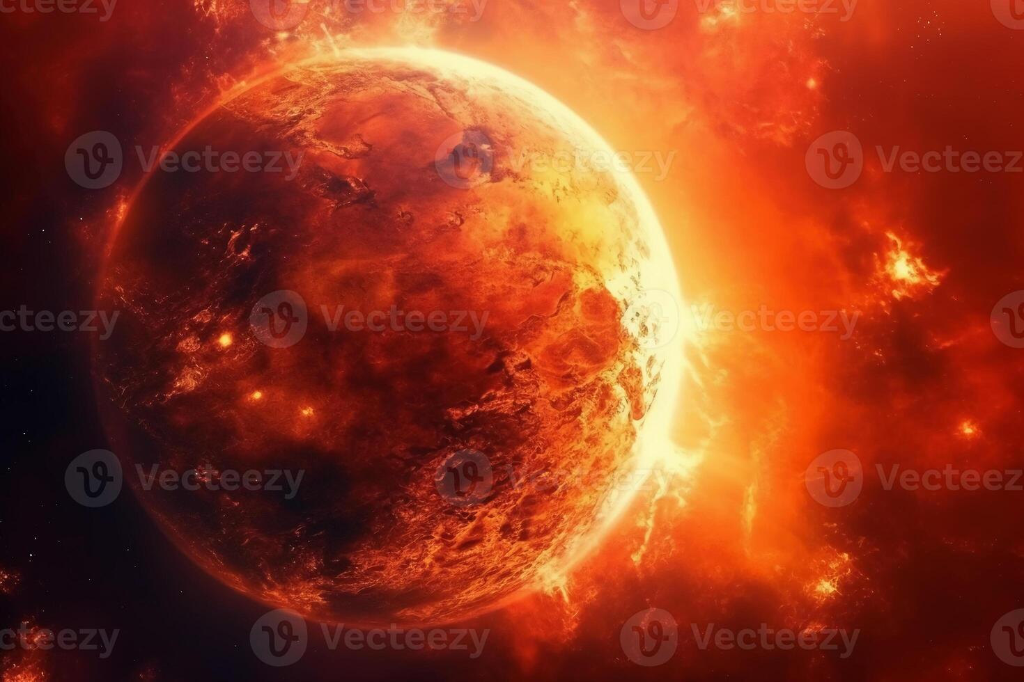 Abstract fancy red orange fire, sun light planet surface, grunge texture, fantasy galaxy background. photo