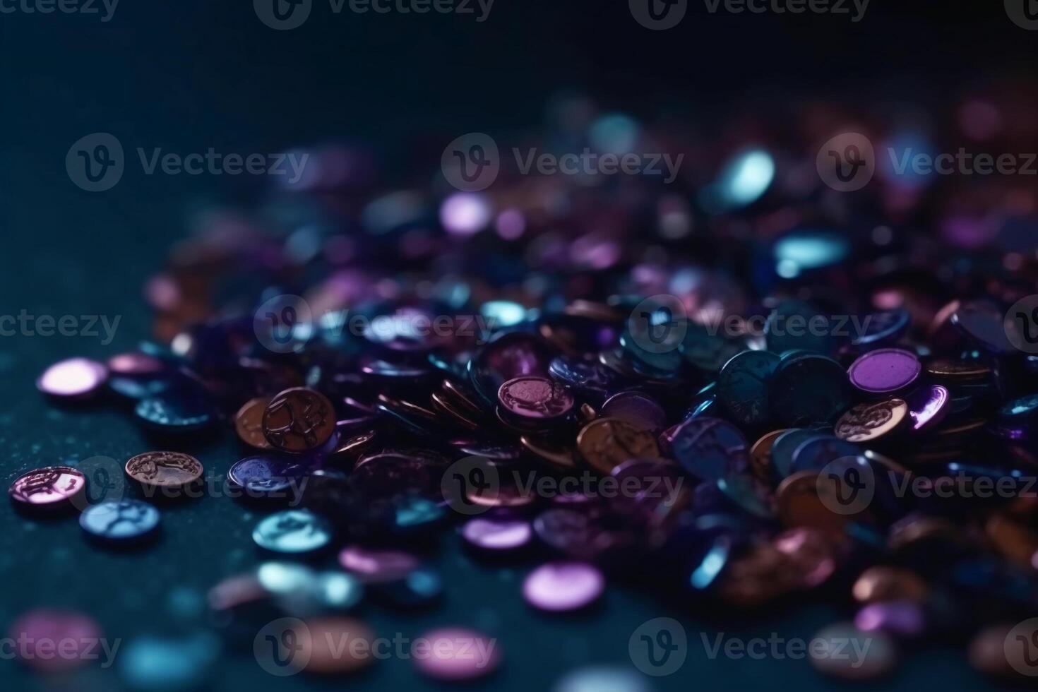 Sparkling Glitter abstract background dark purple saturated color, de - focused, macro. Sequins fall and sparkle, round bokeh. photo