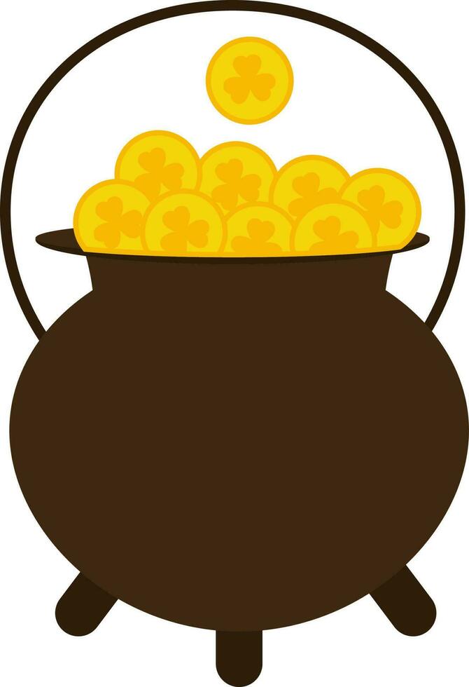 Isolated Clover Coin Cauldron Icon In Brown And Yellow Color. vector