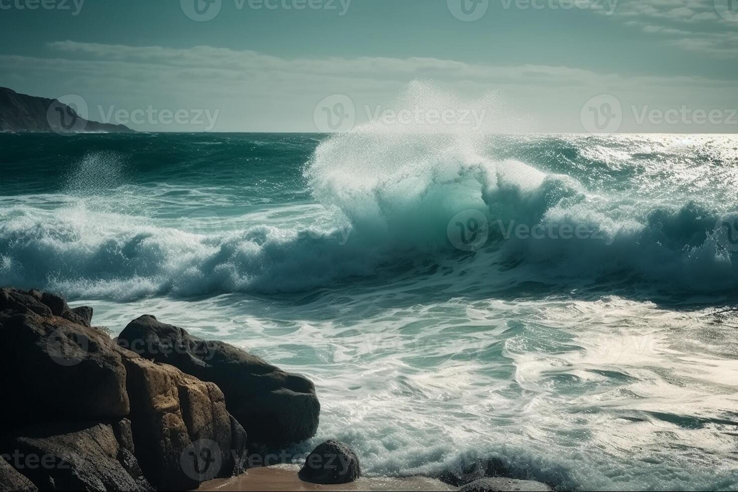 Sunny day, Beauty of marine nature, strength and power of the water element in form of a large turquoise sea wave crashing on shore. photo