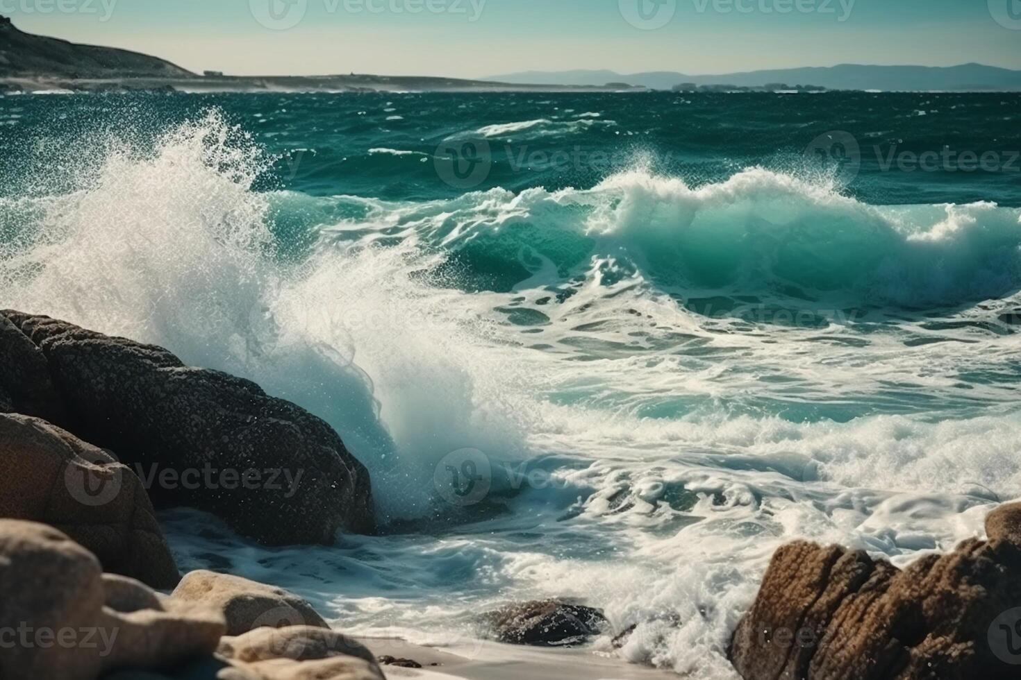 Sunny day, Beauty of marine nature, strength and power of the water element in form of a large turquoise sea wave crashing on shore. photo