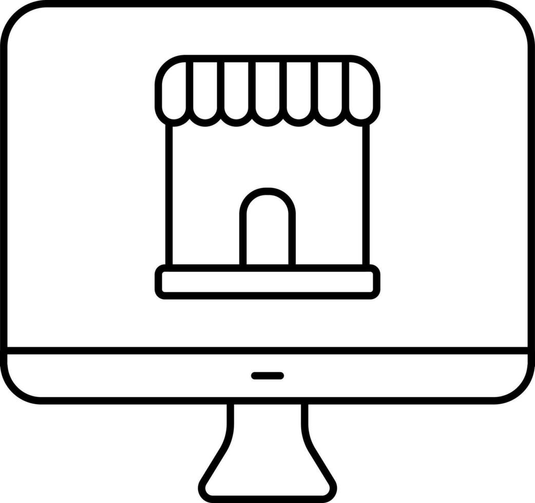 E-Shop In Computer For Online Shopping Line Art Icon. vector