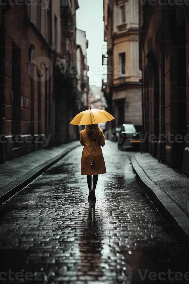 Yellow umbrella in hand of woman walking on a colorless street. photo