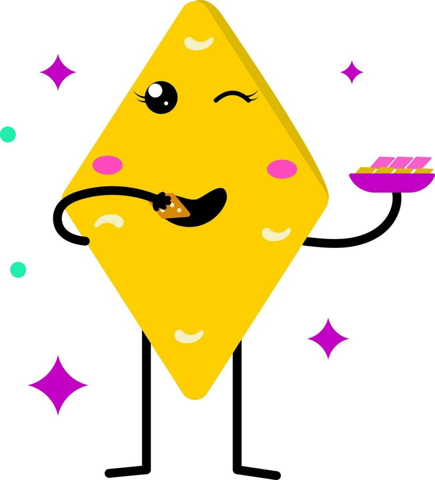 Funny Cartoon Character Of Winking Eye Burfi Eating Sweets Colorful Icon. vector