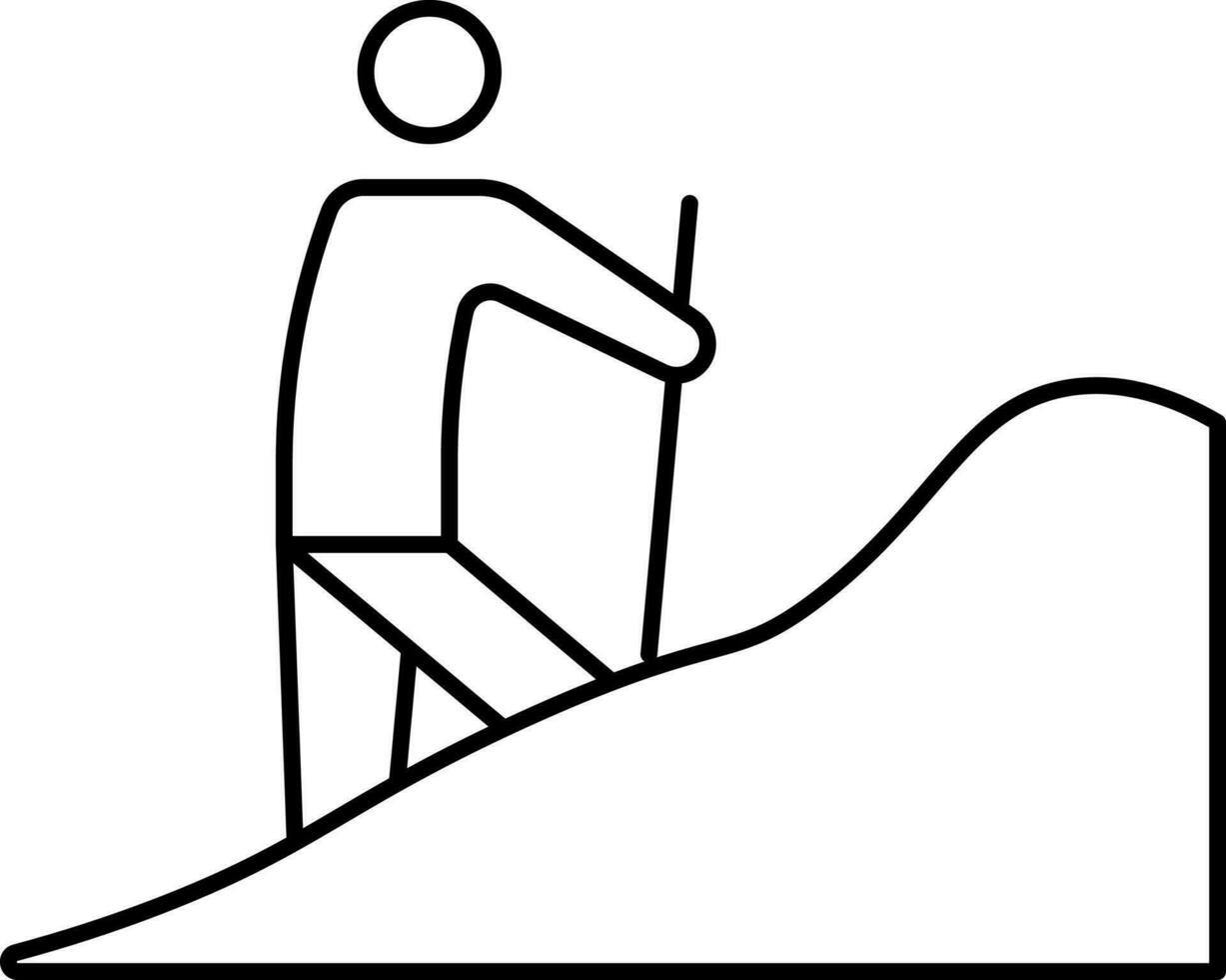 Man Climbing Mountain Icon In Black Line Art. vector