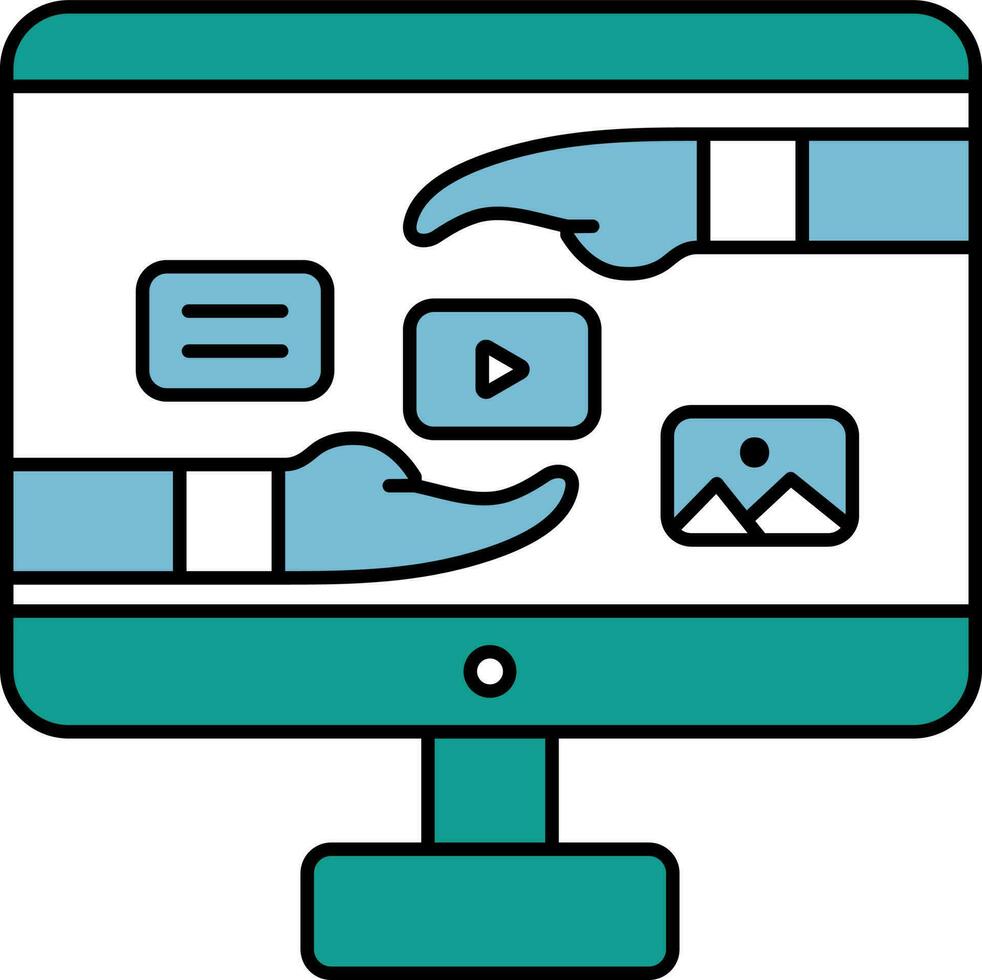 User Online Share Message, Picture and Video from Computer Icon in Teal and White Color. vector