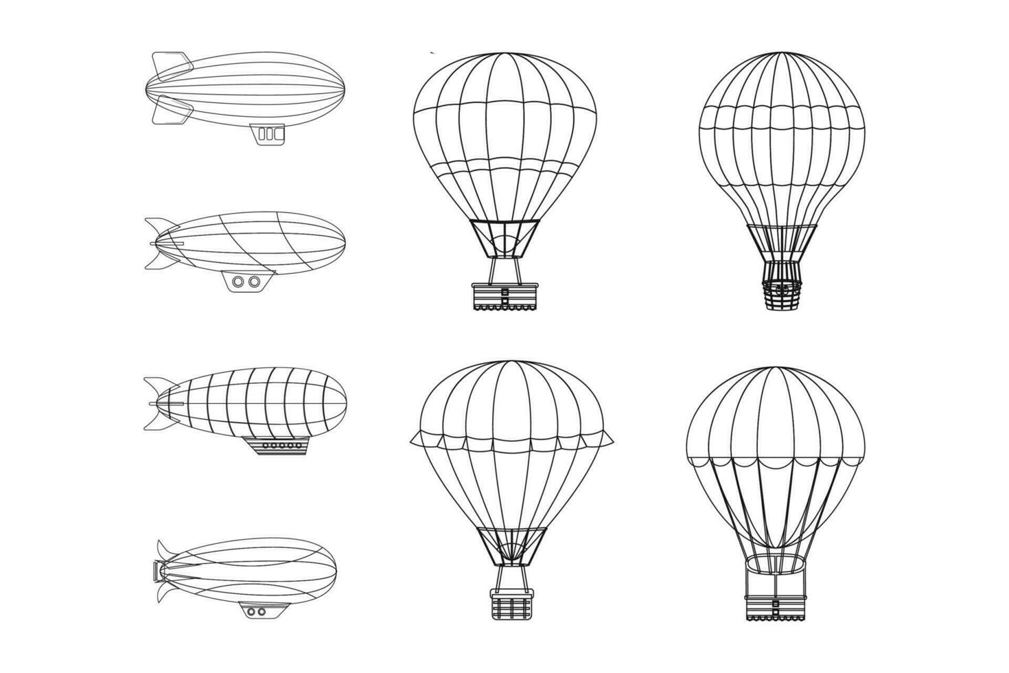 Hot air balloon and rocket outline illustration. Air transportation outline icon set. Clean and simple design. vector