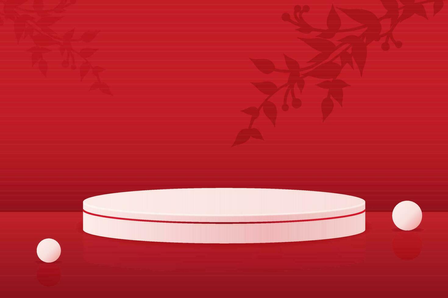 Abstract vector rendering 3d shape for placing the product with copy space. Modern red and white round podium with leaves shadow background. Vector illustration