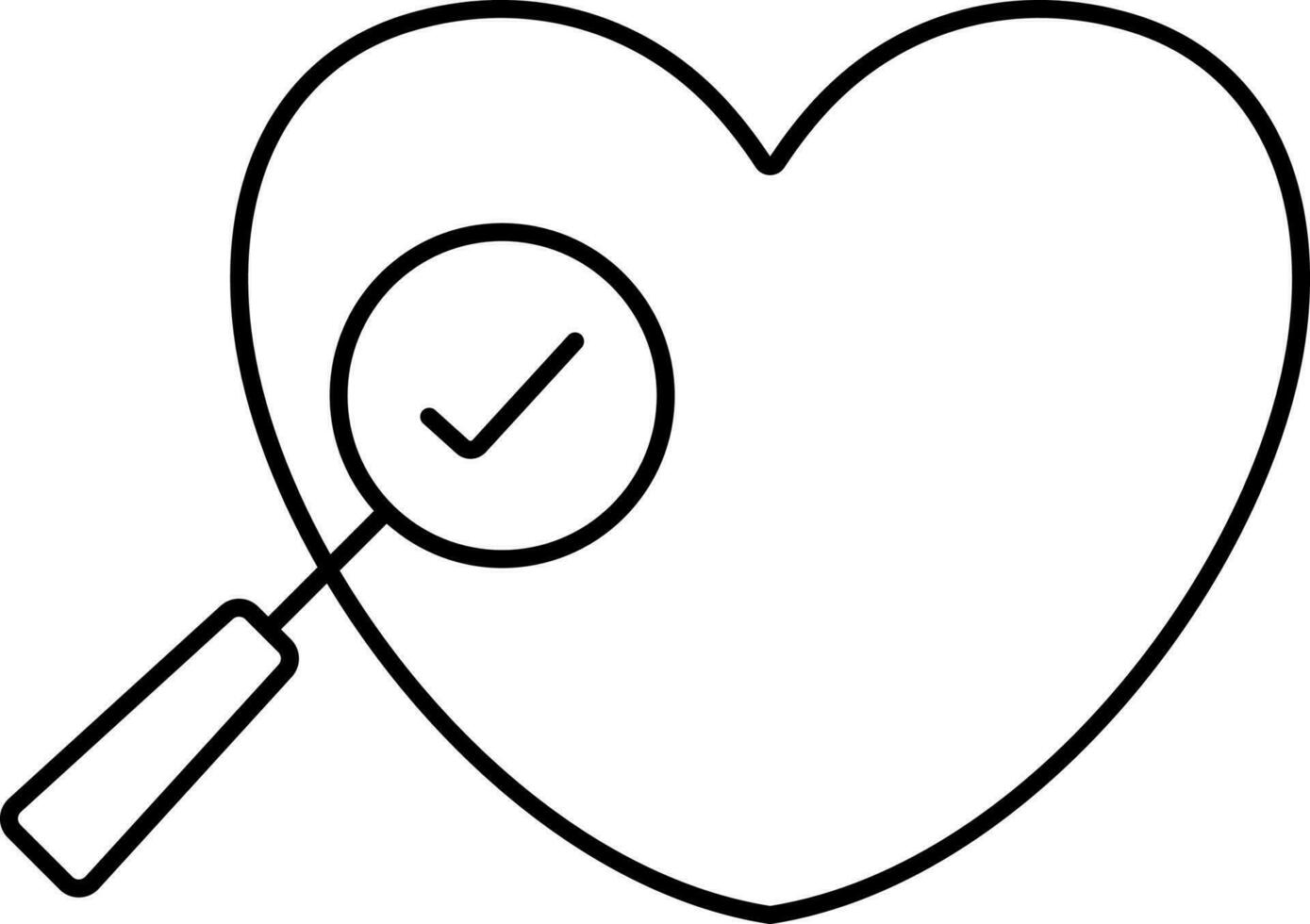Searching Heart And Checkmark Icon In Black Line Art. vector