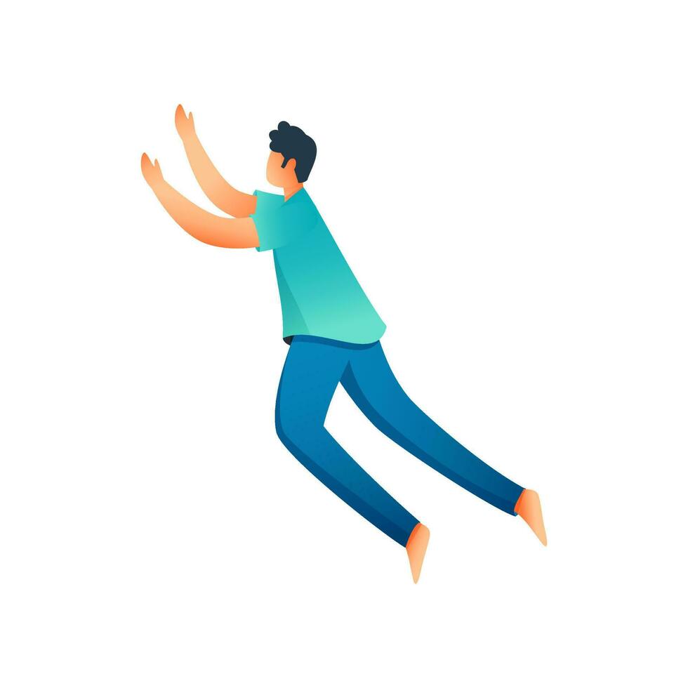 Cartoon Teenage Boy Jumping To Catch Something On White Background. vector