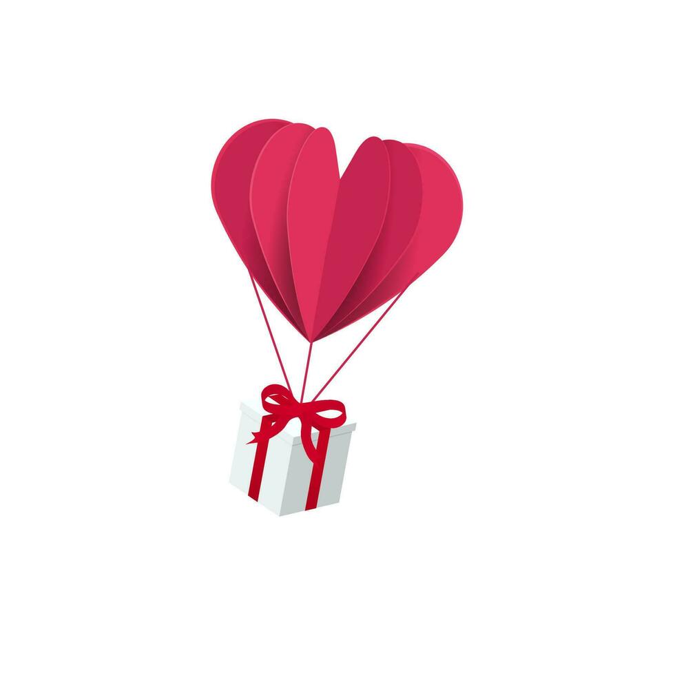rosado papel cortar corazón globo con 3d regalo caja elemento. vector