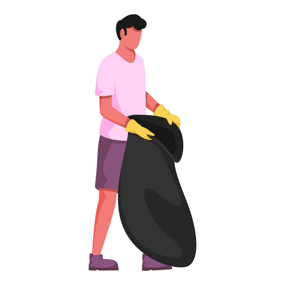 Faceless Man Wearing Gloves And Hold Black Bag In Standing Pose. vector