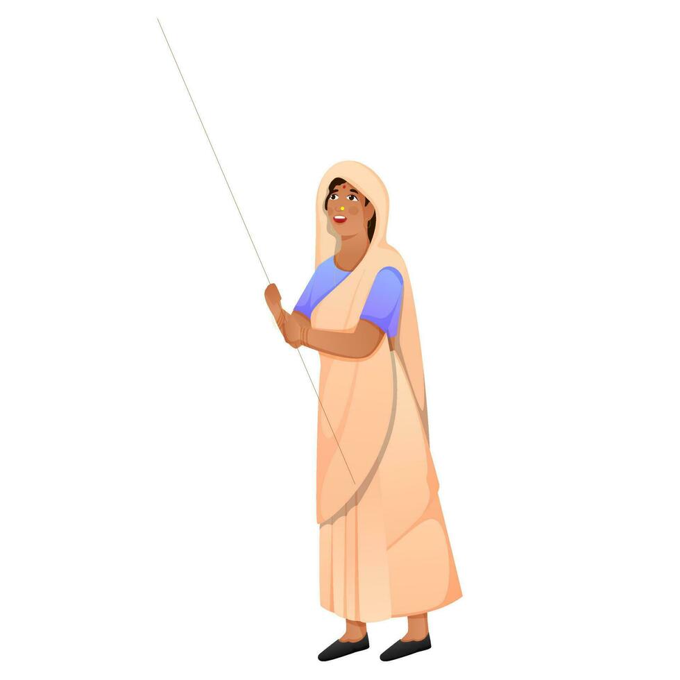 Indian Woman Holding Stick In Standing Pose. vector