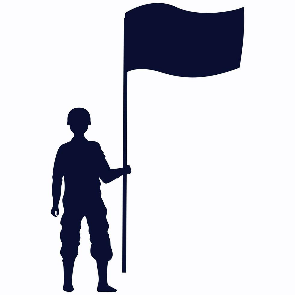 Silhouette Soldier Holding Flag On White Background. vector