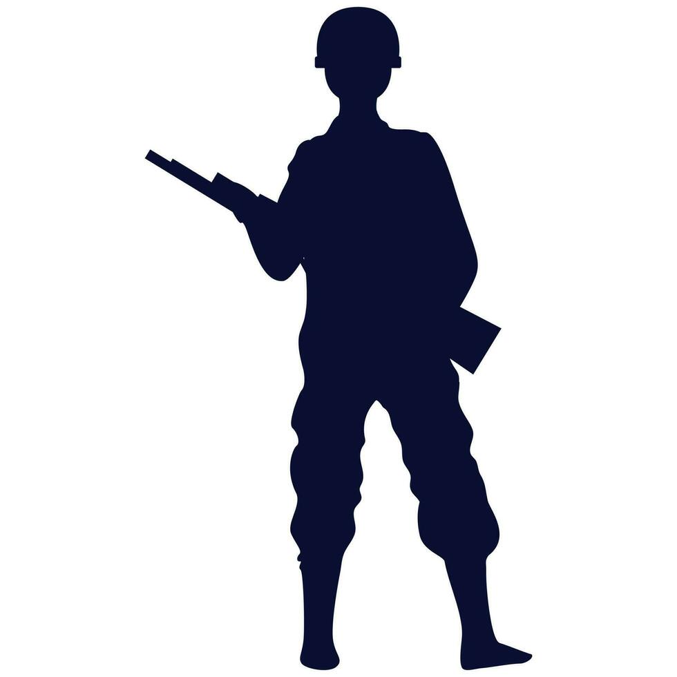 Blue Silhouette Soldier Standing On White Background. vector