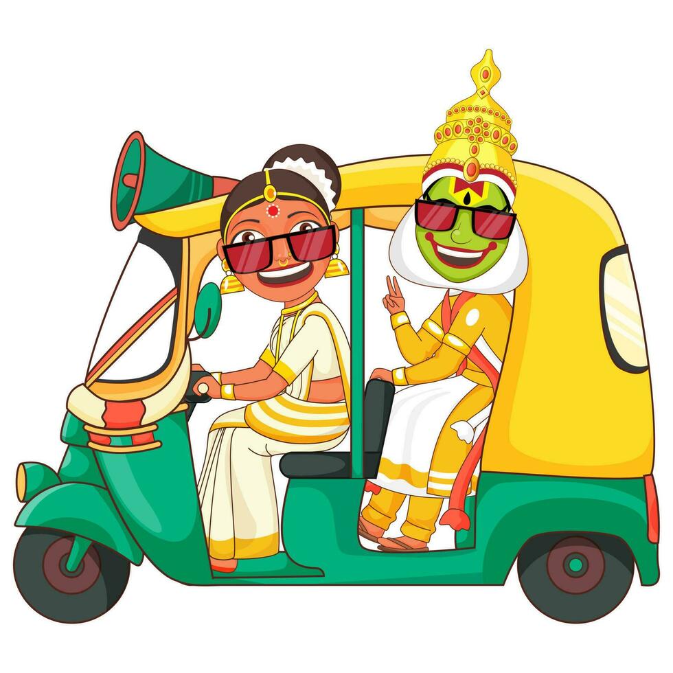 sur indio mujer y Kathakali bailarín montando en auto Taxi para anuncio. vector