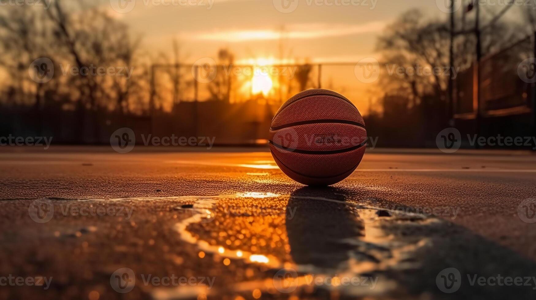 un fotografiar de un baloncesto en un Corte a atardecer,. ai generativo foto