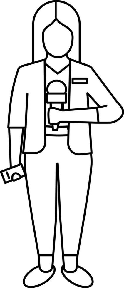 Woman Holding Microphone Icon In Black Line Art. vector