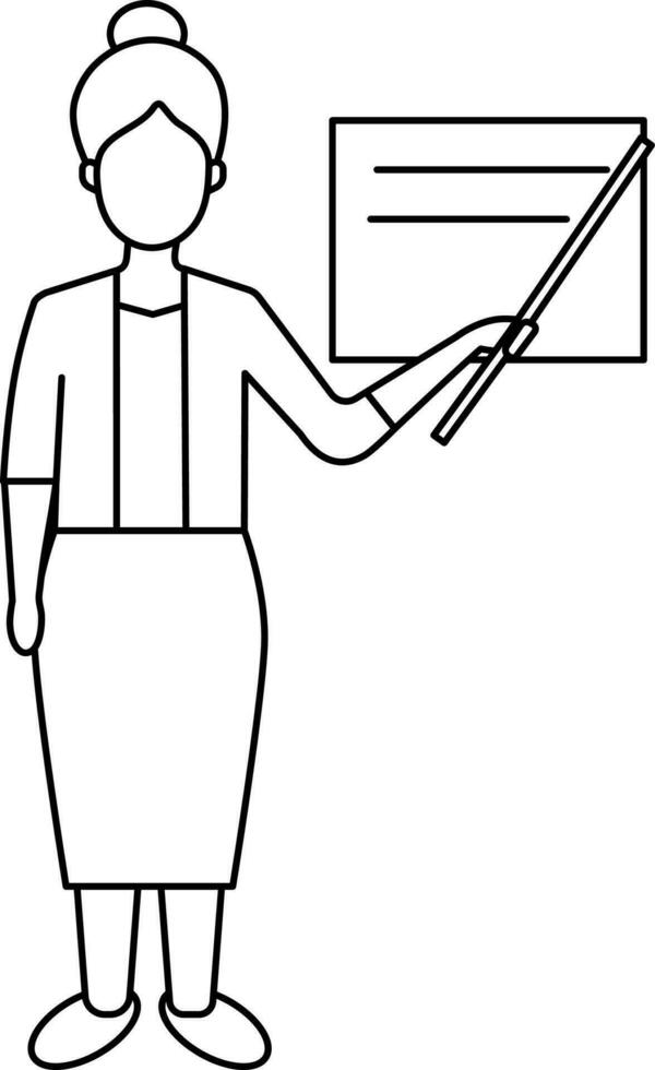 Businesswoman Presenting Data Icon In Black Line Art. vector