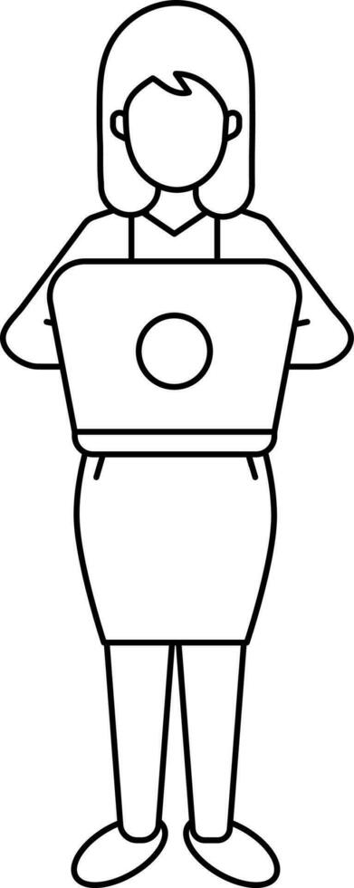 Female Working On Laptop Icon In Black Line Art. vector