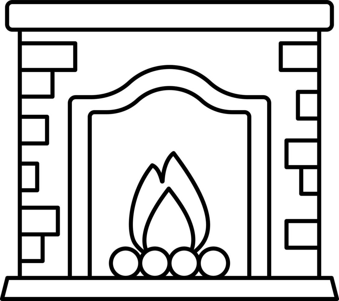 Black Outline Burning Fireplace Icon. vector