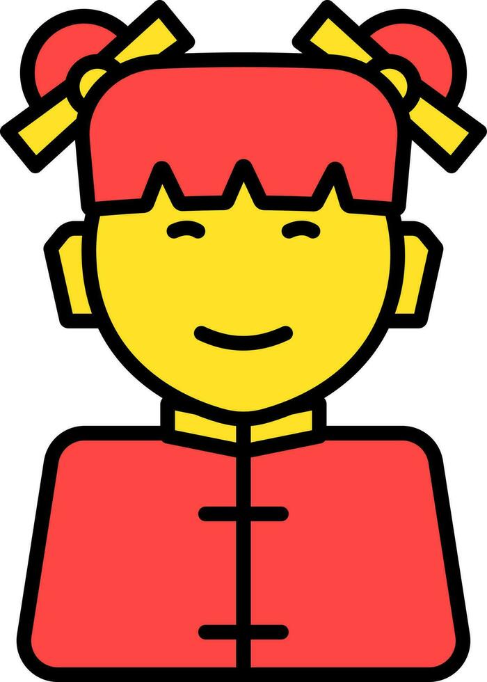 Flat Style Chinese Girl Character Icon In Red And Yellow Color. vector