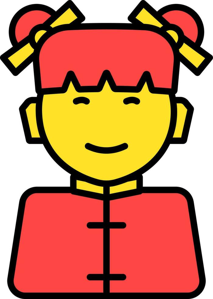 Flat Style Chinese Girl Character Icon In Red And Yellow Color. vector