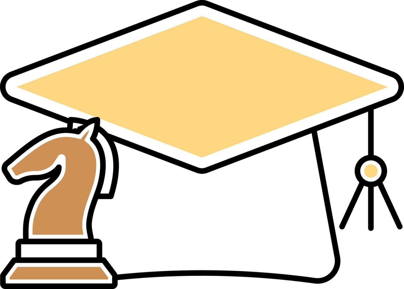 Graduation Hat With Chess Knight Or Horse Yellow And Brown Icon In Flat Style. vector