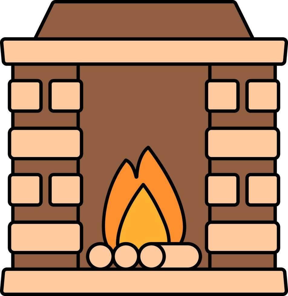 Flat Style Fireplace Icon In Brown And Peach Color. vector