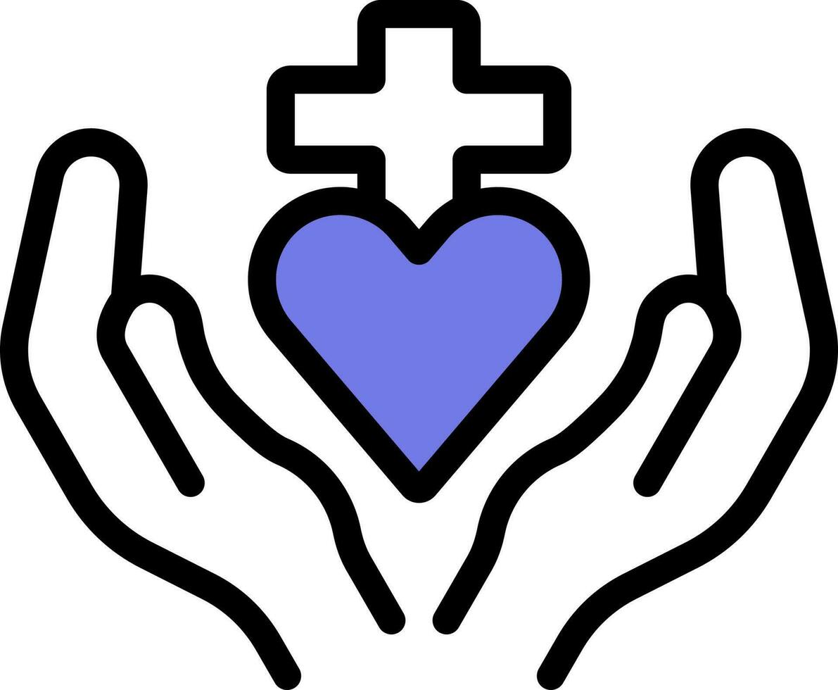 Christian Cross With Praying Hands Icon In Blue And White Color. vector