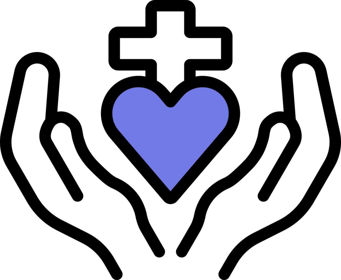 Christian Cross With Praying Hands Icon In Blue And White Color. vector