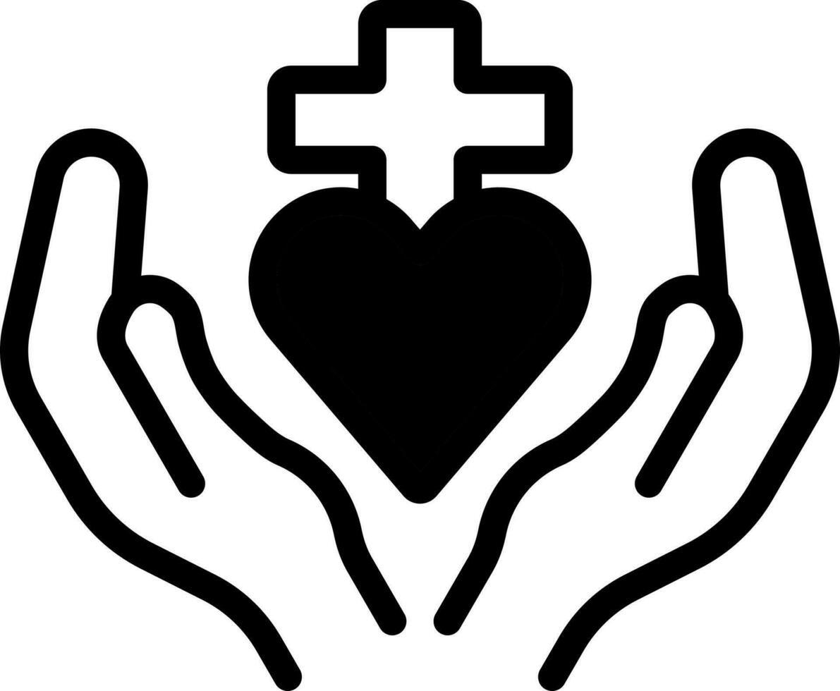 Christian Cross With Praying Hands Icon In Black And White Color. vector