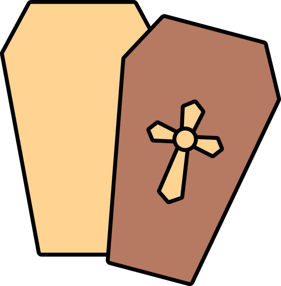 Open Coffin Icon In Brown And Orange Color. vector