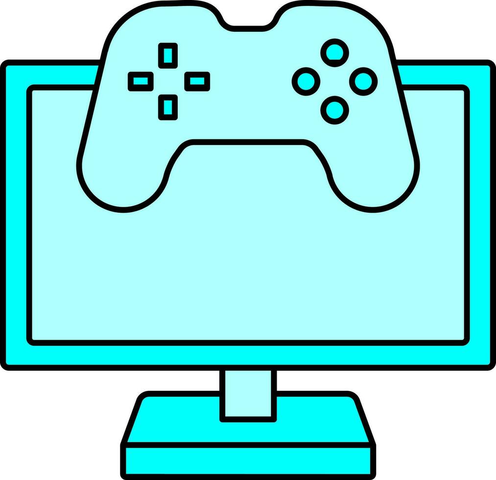 Computer With Video Game Icon Or Symbol In Cyan Color. vector
