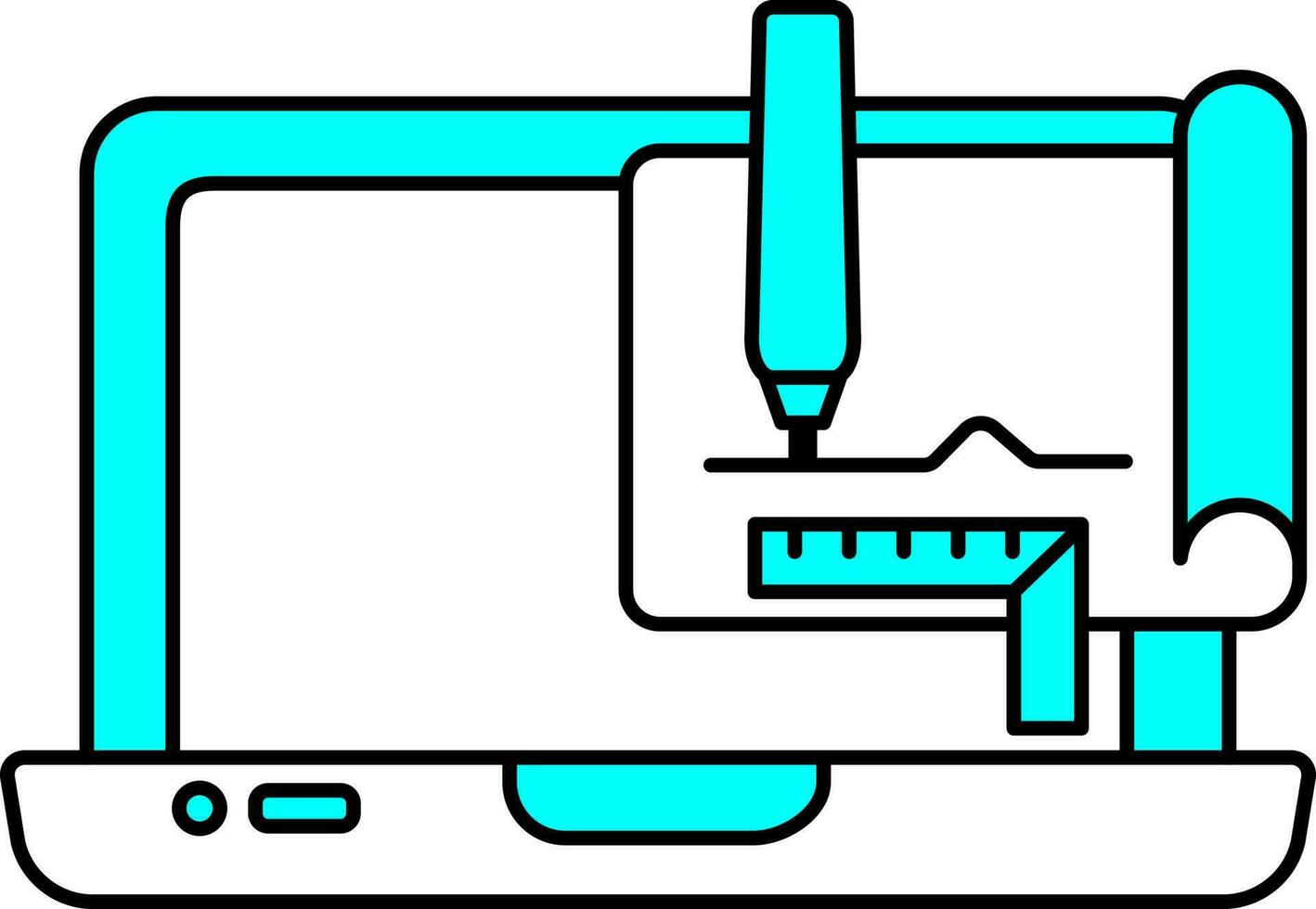 Cyan And White Blueprint In Laptop Screen Icon. vector