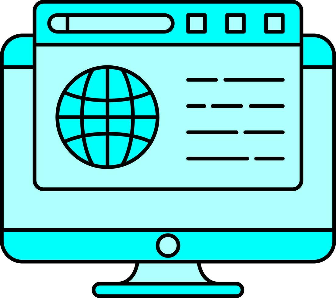 Vector Illustration Of Web Browser In Desktop Screen In Cyan Color.