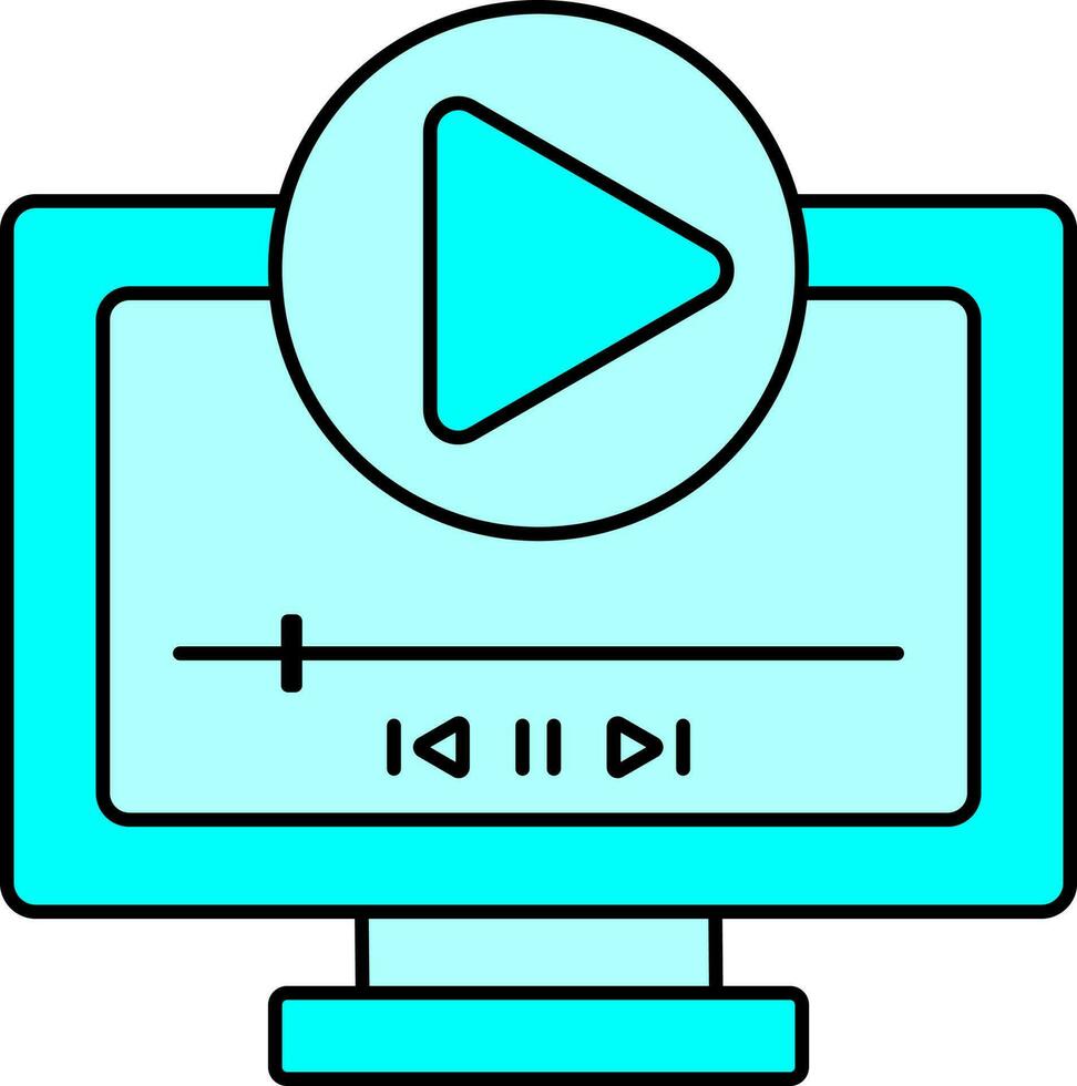 Illustration Of Video Play In Monitor Icon In Cyan Color. vector