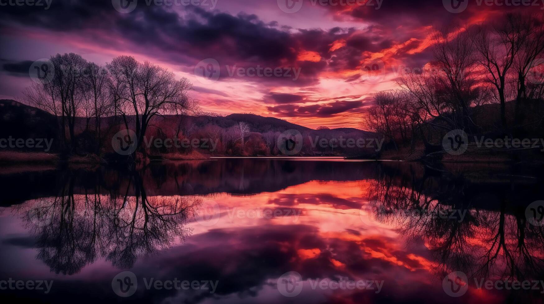 A scene in which the entire pink sky is reflected in the water. photo