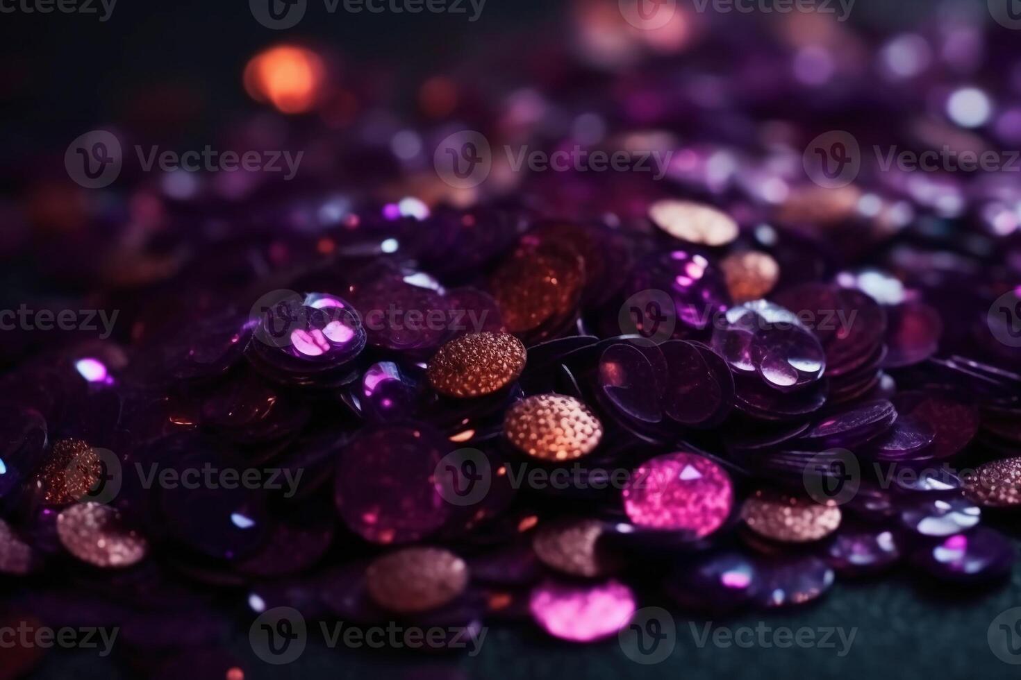 Sparkling Glitter abstract background dark purple saturated color, de - focused, macro. Sequins fall and sparkle, round bokeh. photo