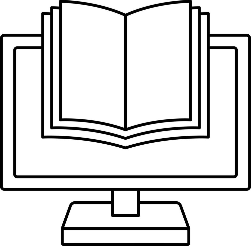 Black Line Art E-Book In Desktop Screen Icon. vector